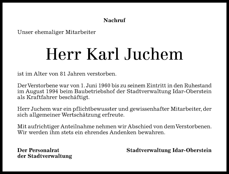 Traueranzeigen Von Karl Juchem Rz Trauer De