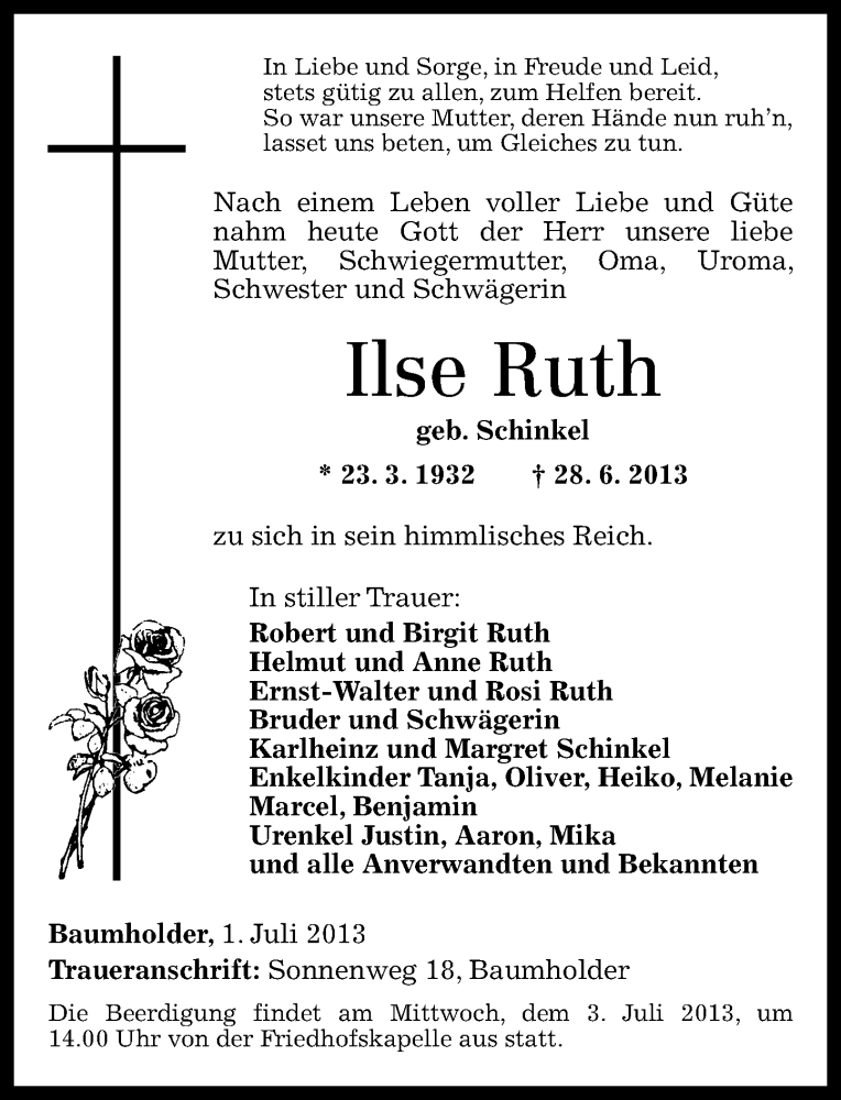 Traueranzeigen Von Ilse Ruth Rz Trauer De