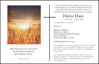 Traueranzeigen Von Heinz Haas Rz Trauer De