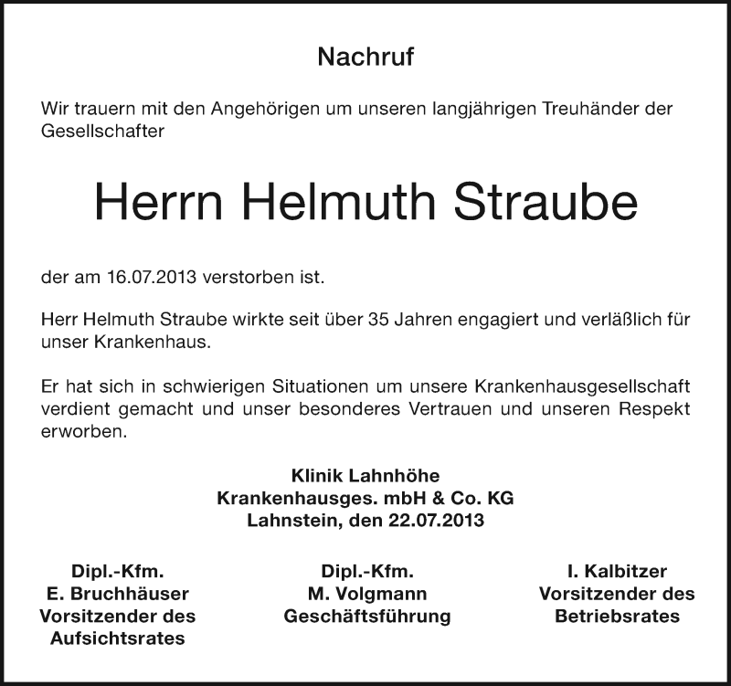 Traueranzeigen Von Helmuth Straube Rz Trauer De