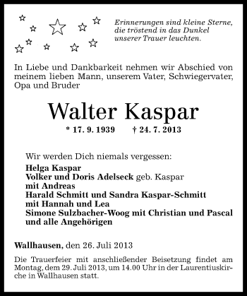 Traueranzeigen Von Walter Kaspar Rz Trauer De