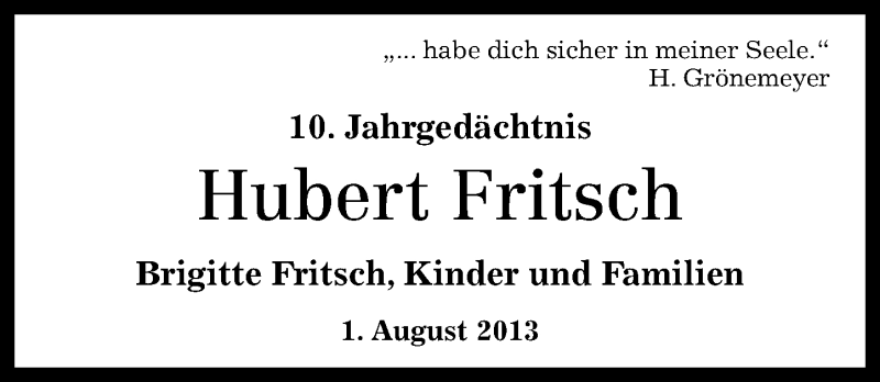 Traueranzeigen Von Hubert Fritsch Rz Trauer De