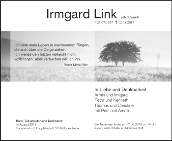 Traueranzeigen Von Irmgard Link Rz Trauer De