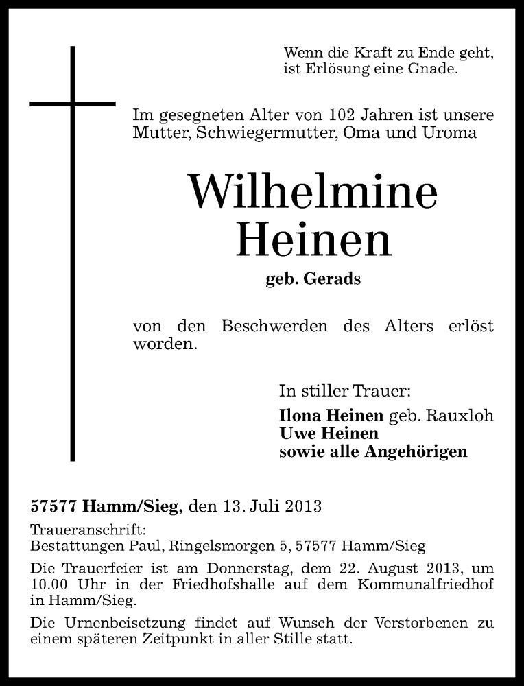 Traueranzeigen Von Wilhelmine Heinen Rz Trauer De