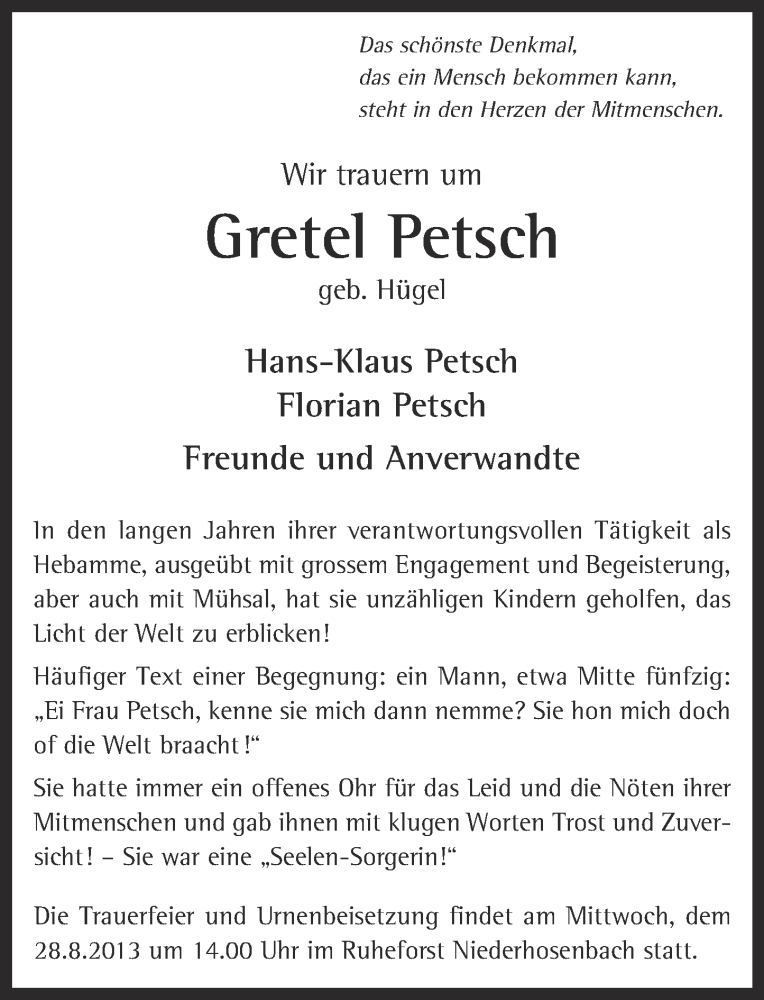 Traueranzeigen Von Gretel Petsch Rz Trauer De