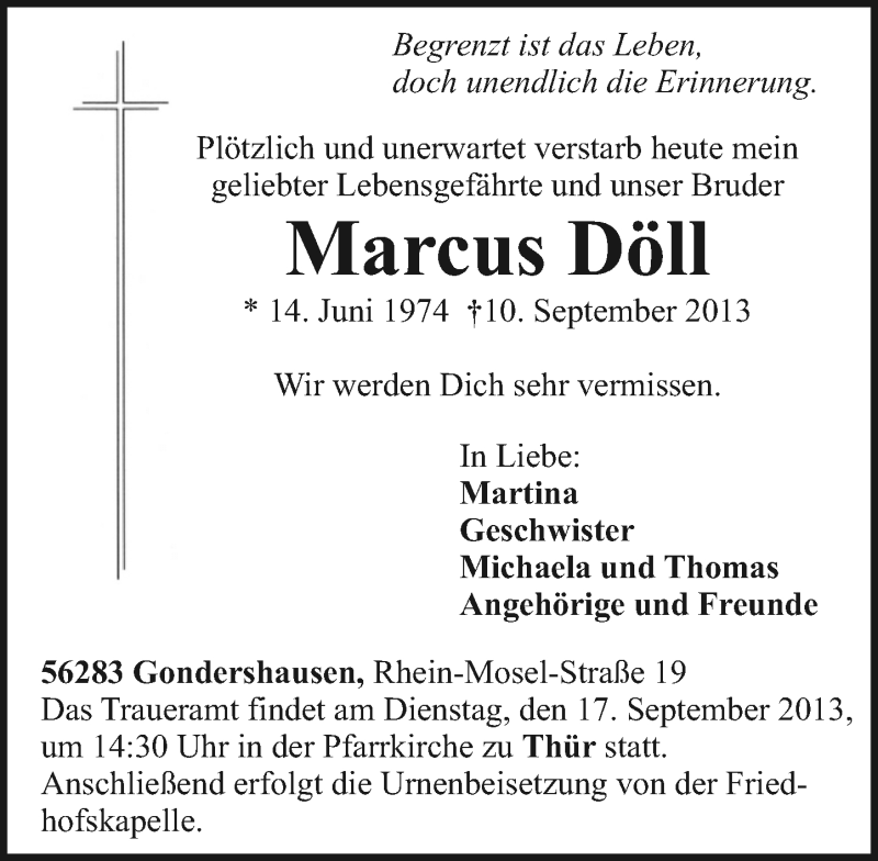 Traueranzeigen von Marcus Döll rz trauer de