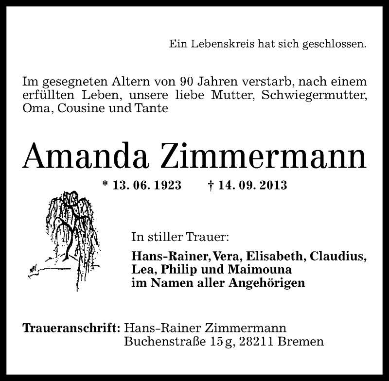 Traueranzeigen Von Amanda Zimmermann Rz Trauer De