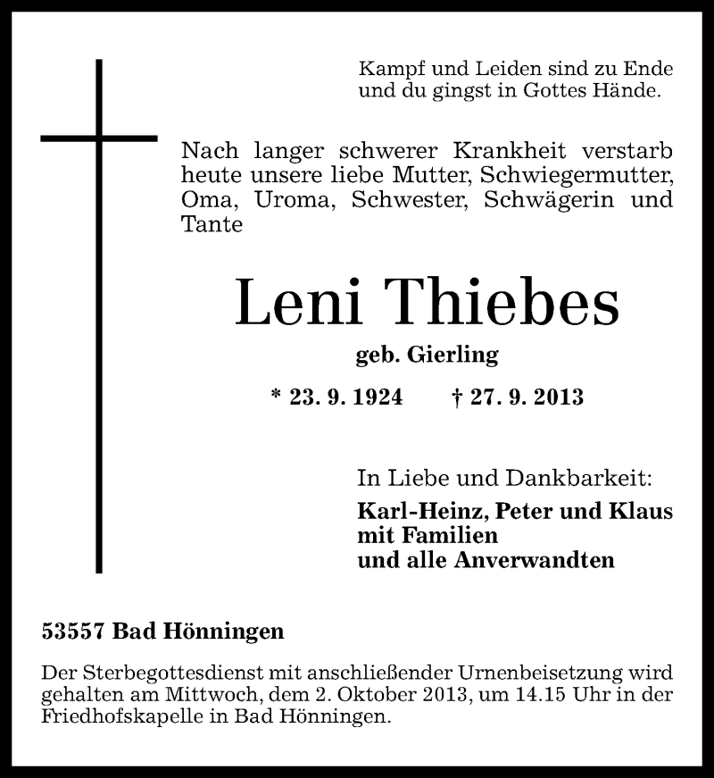 Traueranzeigen Von Leni Thiebes Rz Trauer De