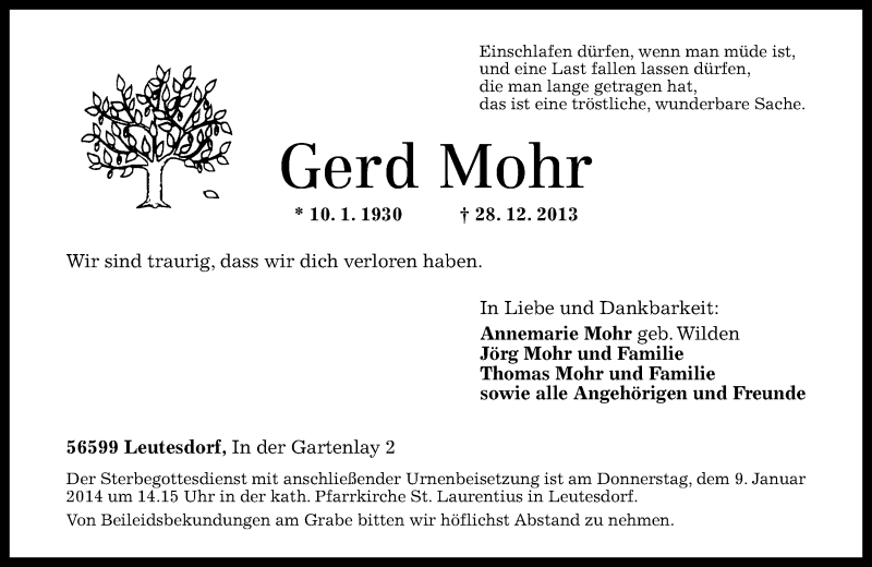 Traueranzeigen Von Gerd Mohr Rz Trauer De