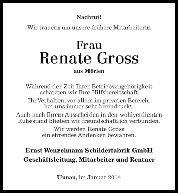 Traueranzeigen Von Renate Gross Rz Trauer De