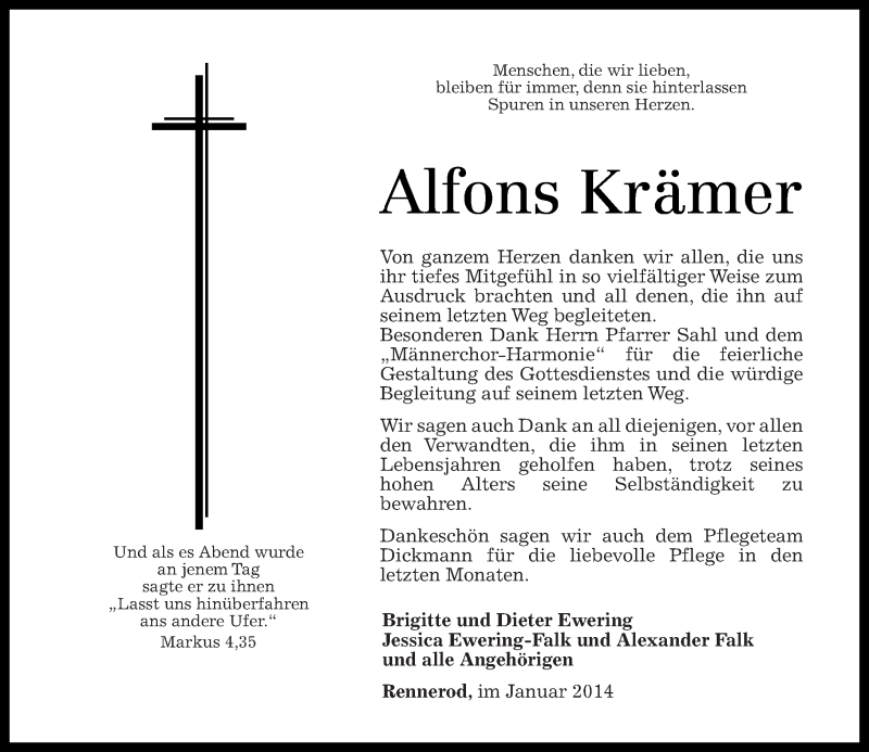 Traueranzeigen von Alfons Krämer rz trauer de