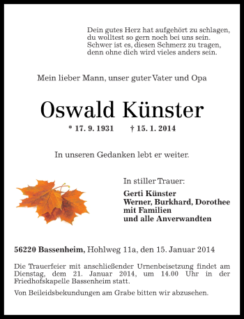 Traueranzeigen Von Oswald K Nster Rz Trauer De