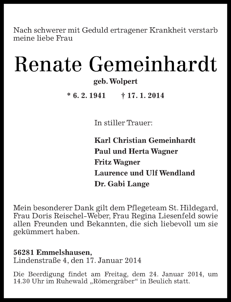 Traueranzeigen Von Renate Gemeinhardt Rz Trauer De