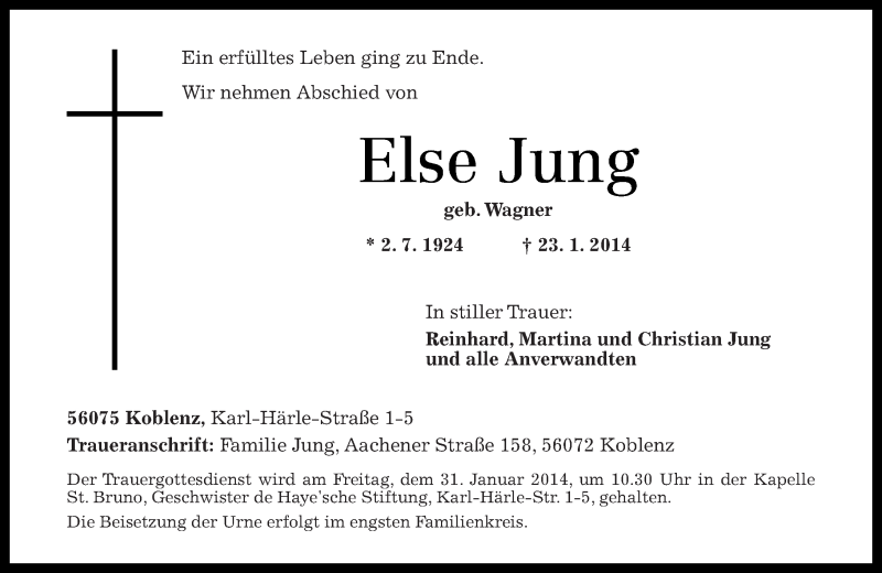 Traueranzeigen Von Else Jung Rz Trauer De