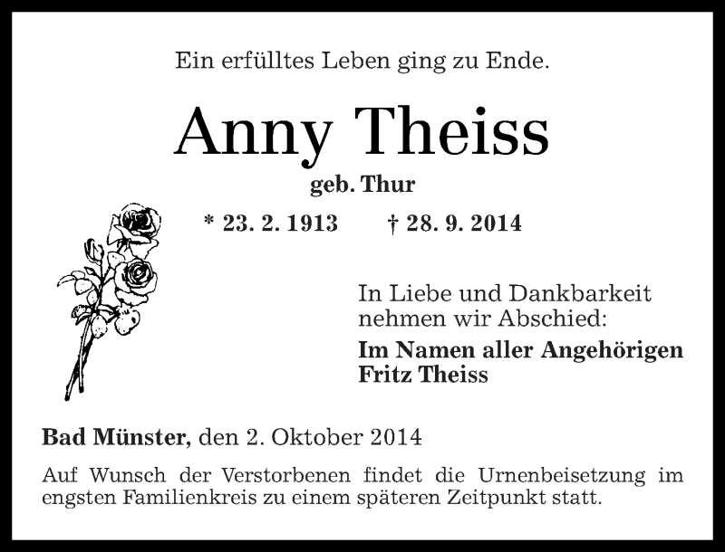 Traueranzeigen Von Anny Theiss Rz Trauer De