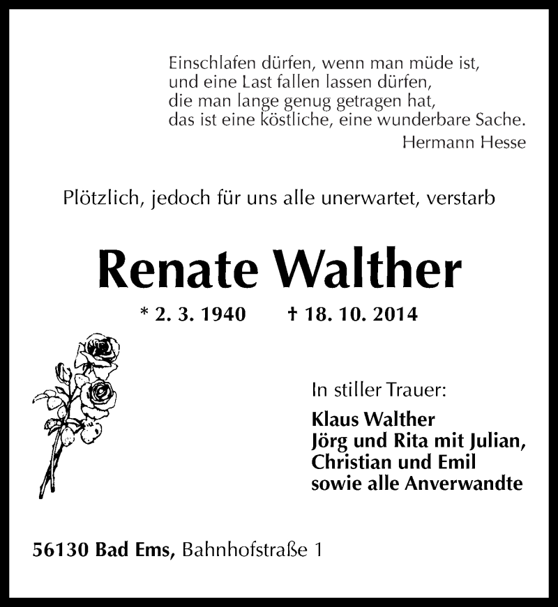 Traueranzeigen Von Renate Walther Rz Trauer De