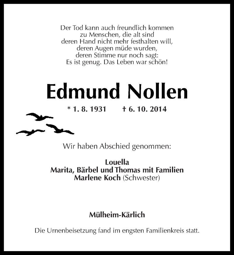 Traueranzeigen Von Edmund Nollen Rz Trauer De