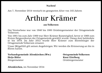 Traueranzeigen von Arthur Krämer rz trauer de