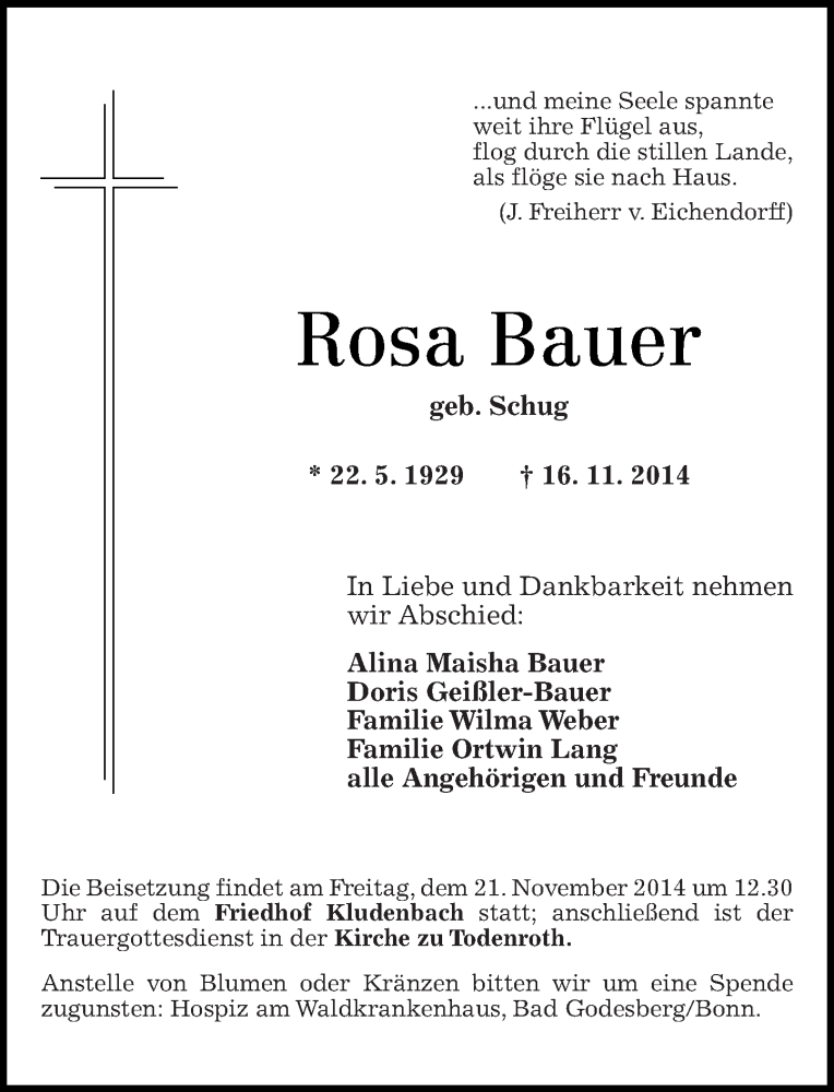 Traueranzeigen Von Rosa Bauer Rz Trauer De