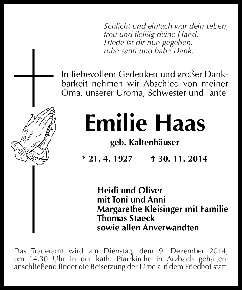 Traueranzeigen Von Emilie Haas Rz Trauer De