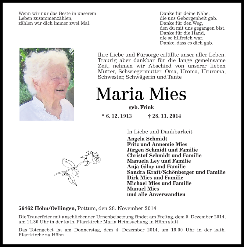 Traueranzeigen Von Maria Mies Rz Trauer De