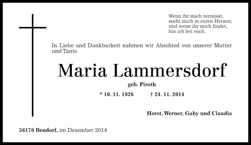 Traueranzeigen Von Maria Lammersdorf Rz Trauer De