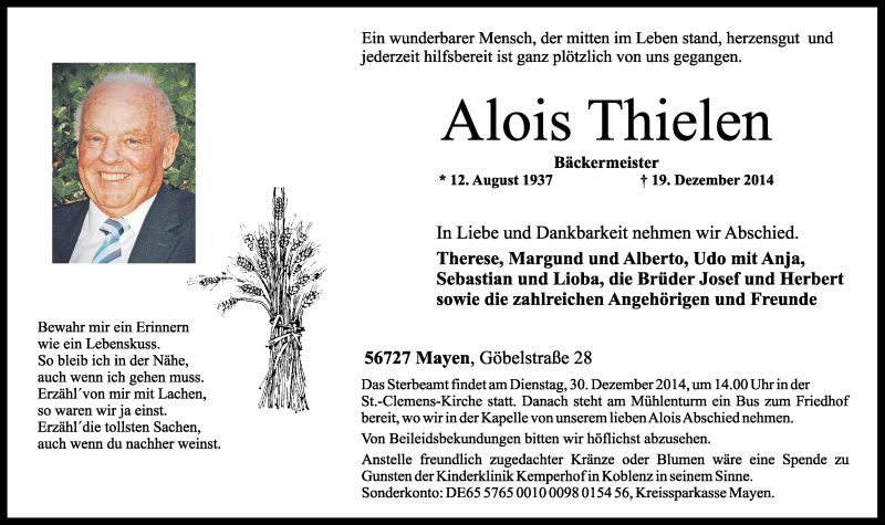 Traueranzeigen Von Alois Thielen Rz Trauer De