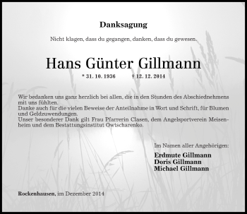 Traueranzeigen Von Hans G Nter Gillmann Rz Trauer De