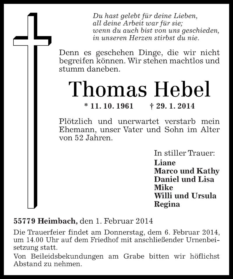 Traueranzeigen Von Thomas Hebel Rz Trauer De