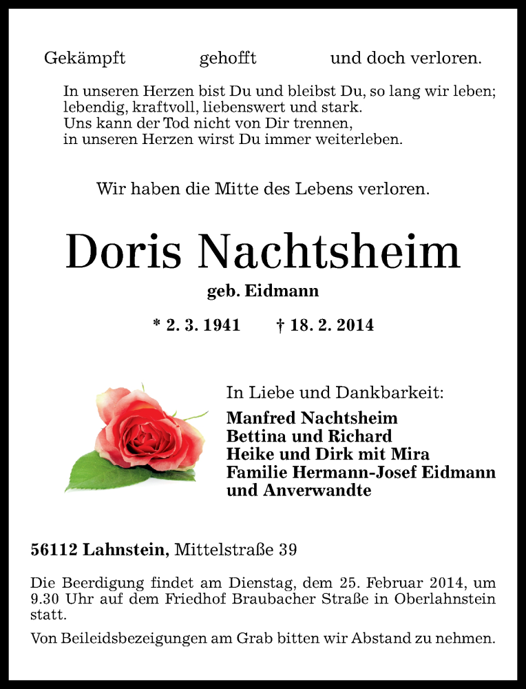 Traueranzeigen Von Doris Nachtsheim Rz Trauer De