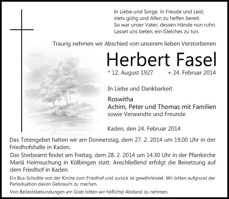 Traueranzeigen Von Herbert Fasel Rz Trauer De