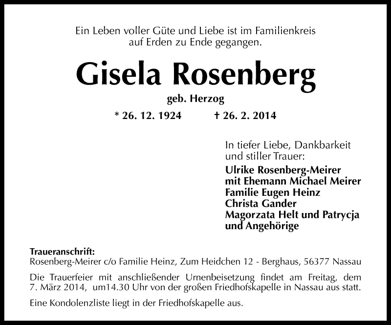 Traueranzeigen Von Gisela Rosenberg Rz Trauer De