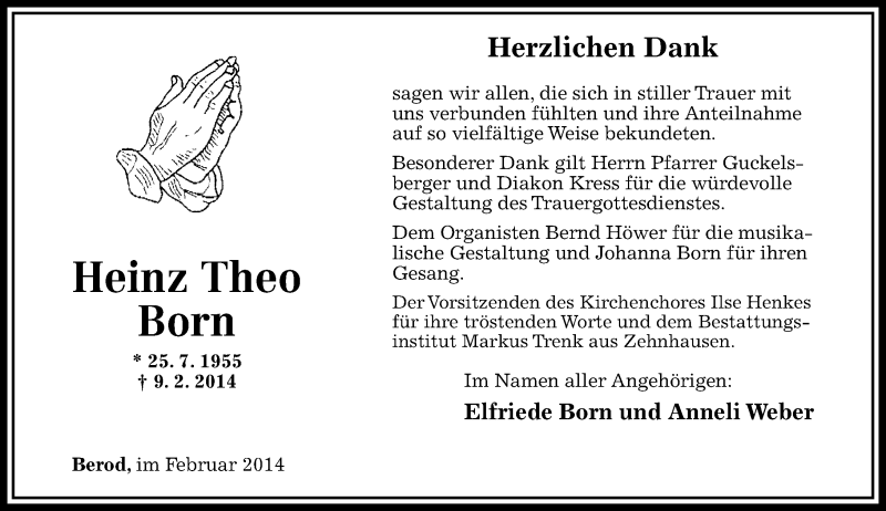 Traueranzeigen Von Heinz Theo Born Rz Trauer De