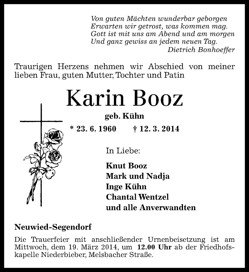 Traueranzeigen Von Karin Booz Rz Trauer De