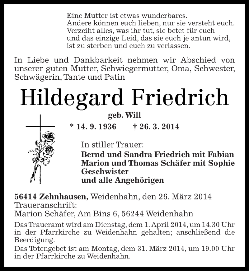 Traueranzeigen Von Hildegard Friedrich Rz Trauer De