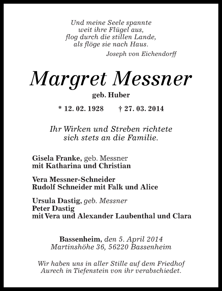 Traueranzeigen Von Margret Messner Rz Trauer De