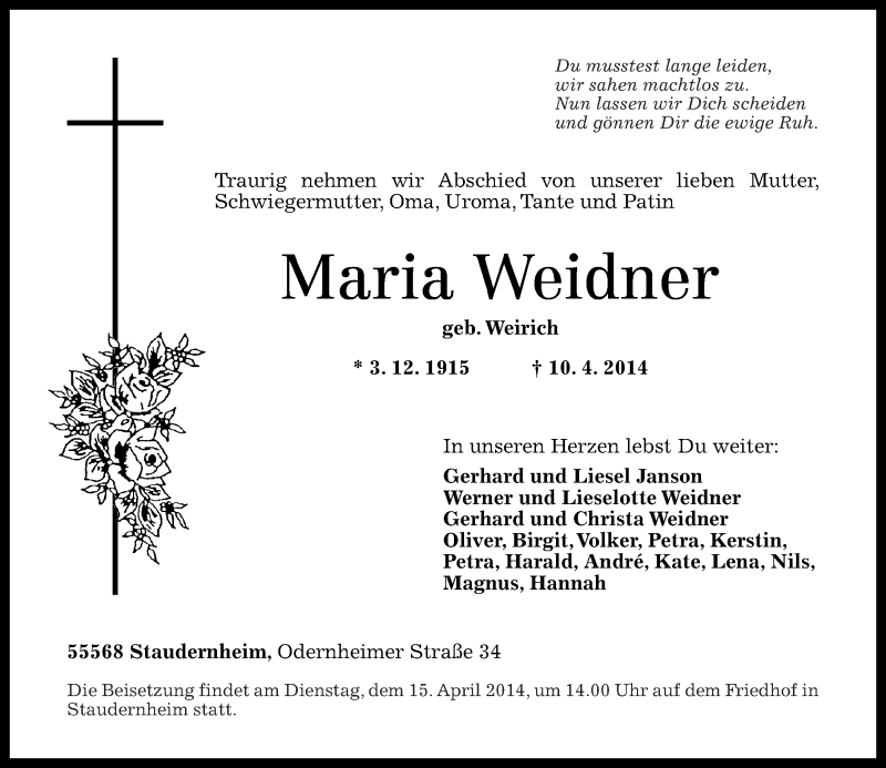 Traueranzeigen Von Maria Weidner Rz Trauer De