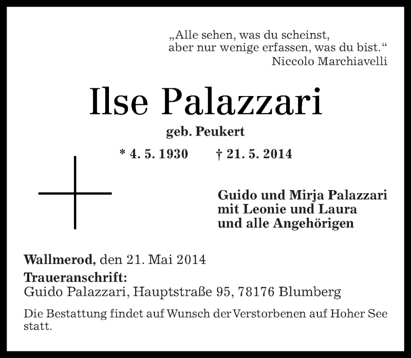 Traueranzeigen Von Ilse Palazzari Rz Trauer De