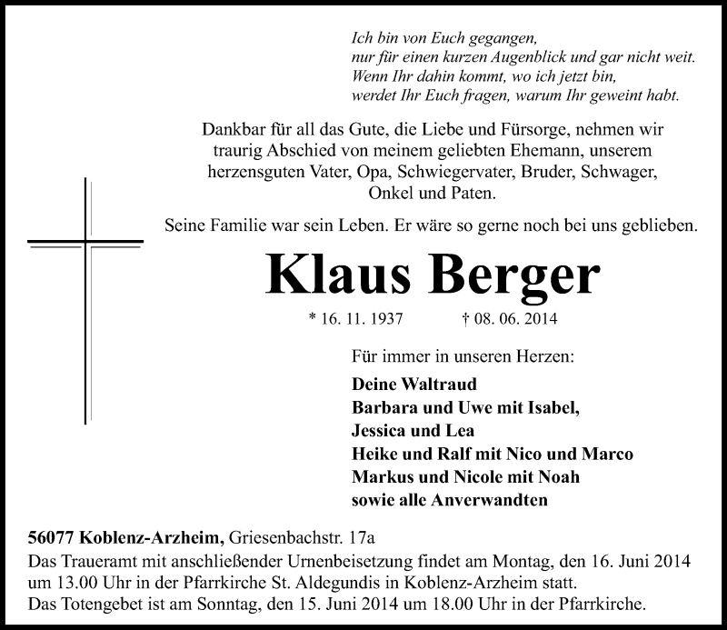 Traueranzeigen Von Klaus Berger Rz Trauer De