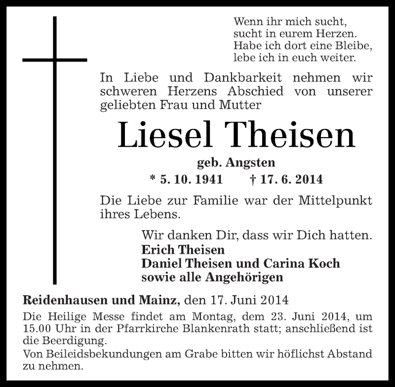 Traueranzeigen Von Liesel Theisen Rz Trauer De