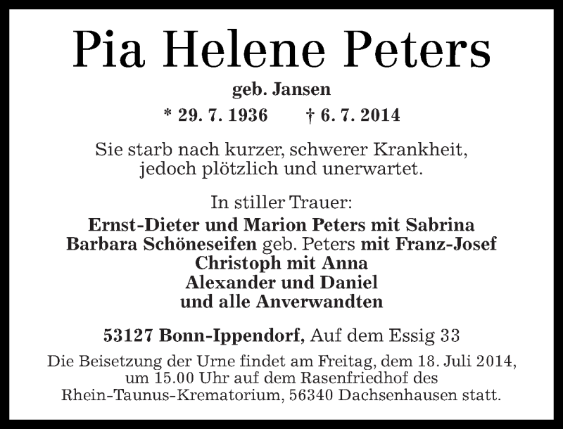 Traueranzeigen Von Pia Helene Peters Rz Trauer De