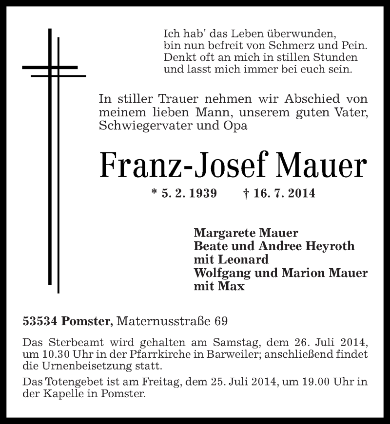 Traueranzeigen Von Franz Josef Mauer Rz Trauer De