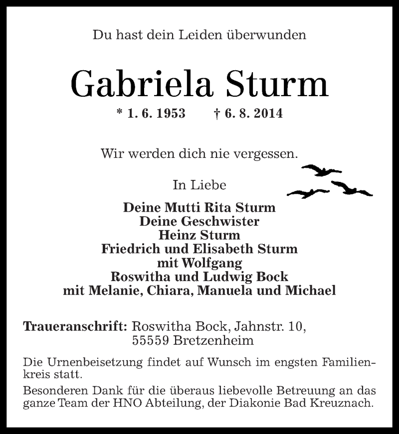 Traueranzeigen Von Gabriela Sturm Rz Trauer De