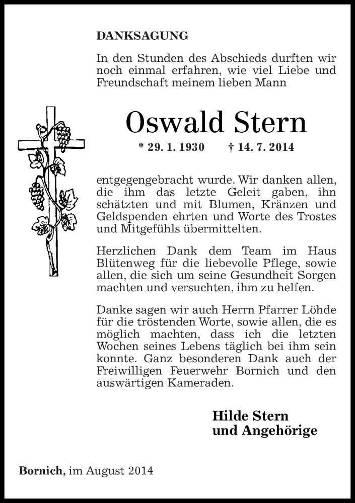 Traueranzeigen Von Oswald Stern Rz Trauer De