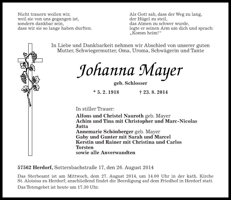 Traueranzeigen Von Johanna Mayer Rz Trauer De