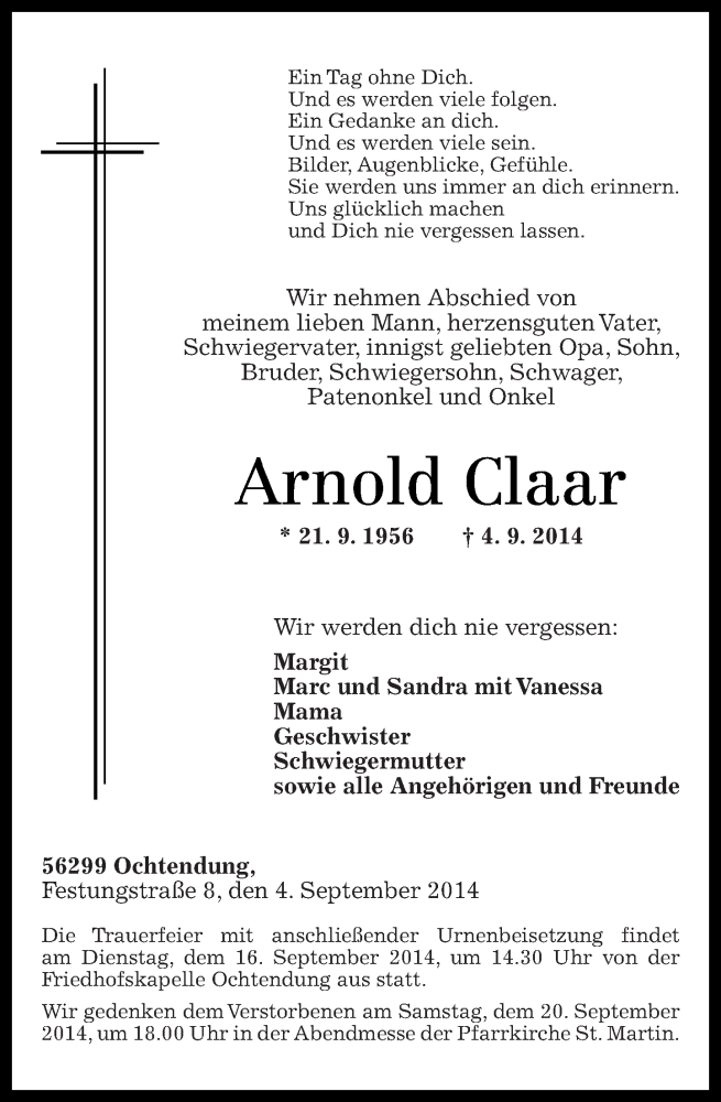 Traueranzeigen Von Arnold Claar Rz Trauer De