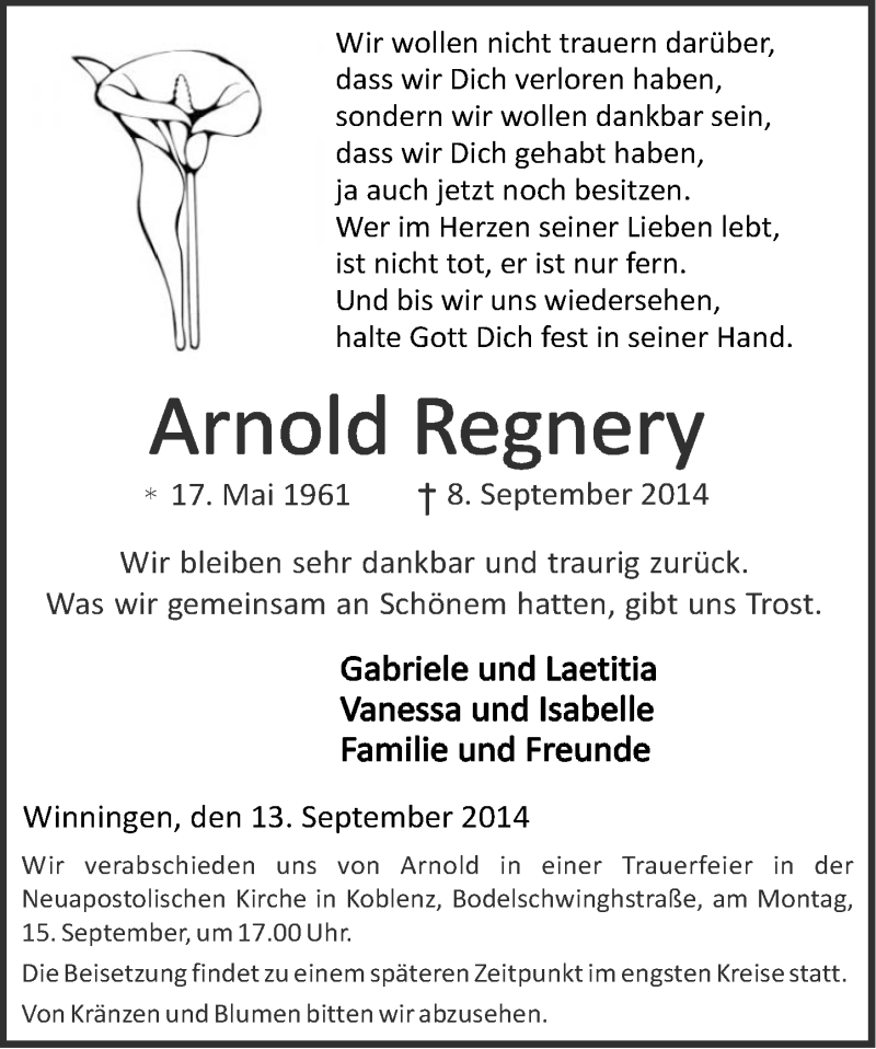 Traueranzeigen Von Arnold Regnery Rz Trauer De