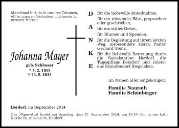 Traueranzeigen Von Johanna Mayer Rz Trauer De