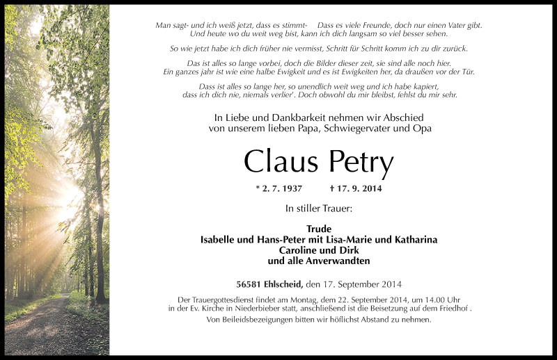 Traueranzeigen Von Claus Petry Rz Trauer De