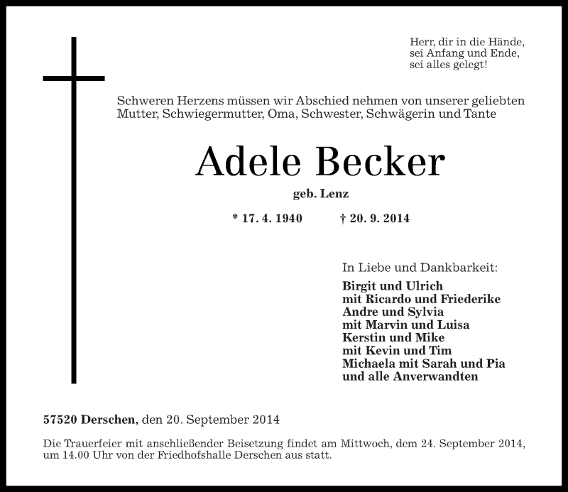 Traueranzeigen Von Adele Becker Rz Trauer De